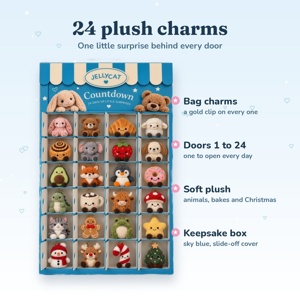 The calendar open with all 24 plush charms behind their doors