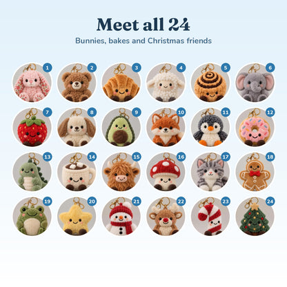 All 24 plush charms, numbered by door