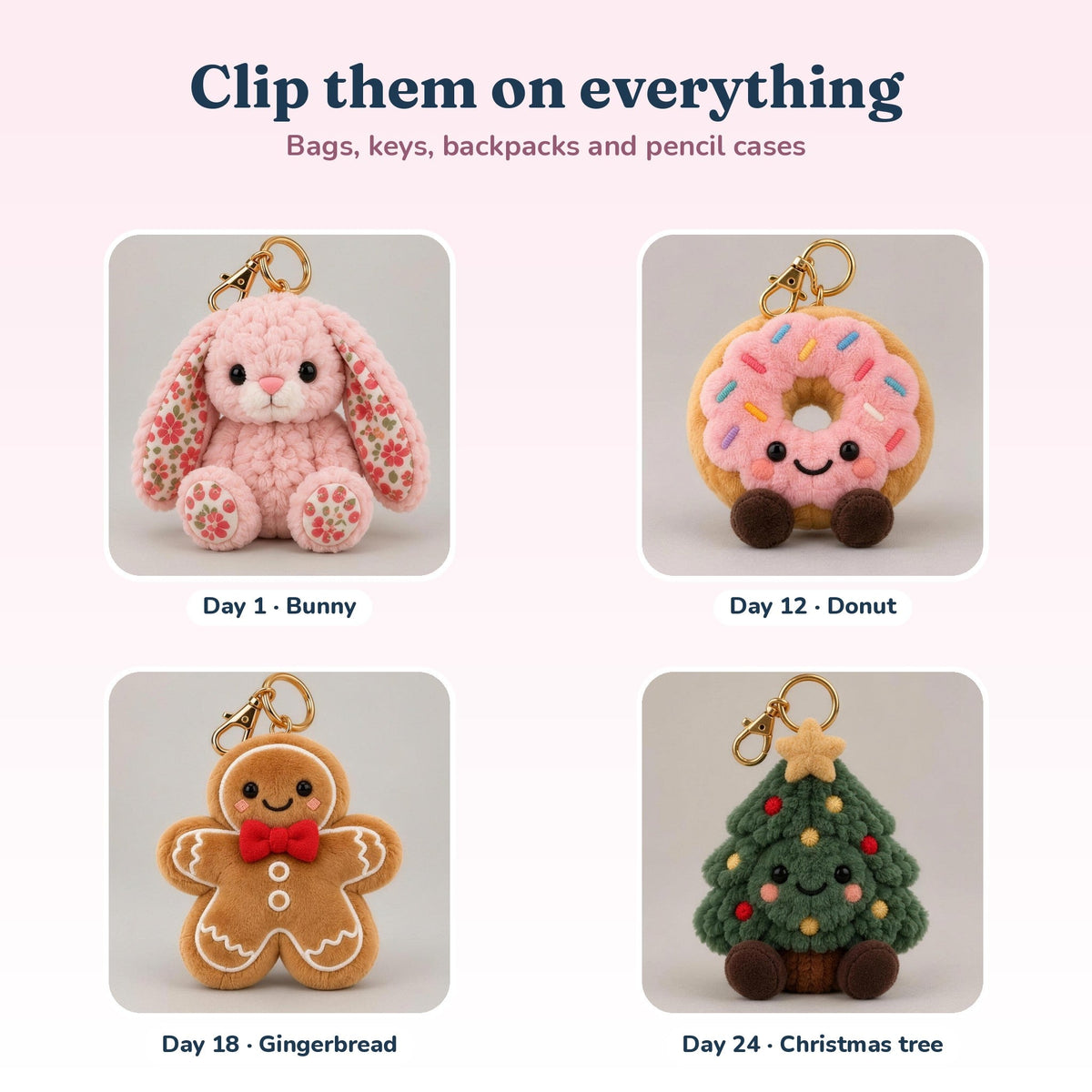 Four of the charms close up: bunny, donut, gingerbread and Christmas tree